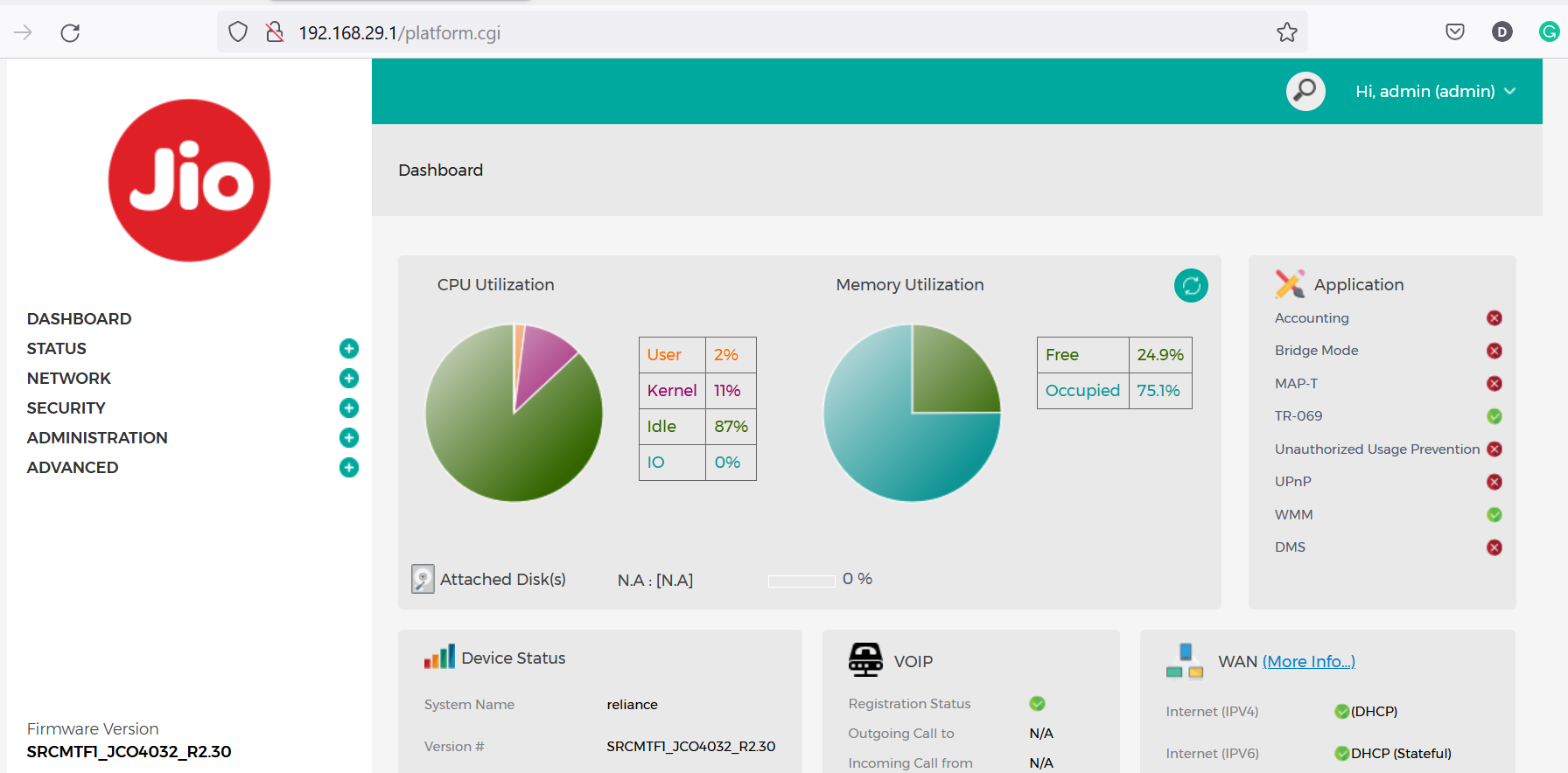 JIO Fiber Router Centrum Home Page