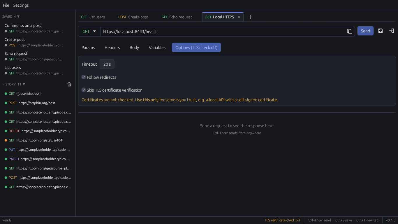 The Options tab with TLS certificate verification skipped and a visible warning