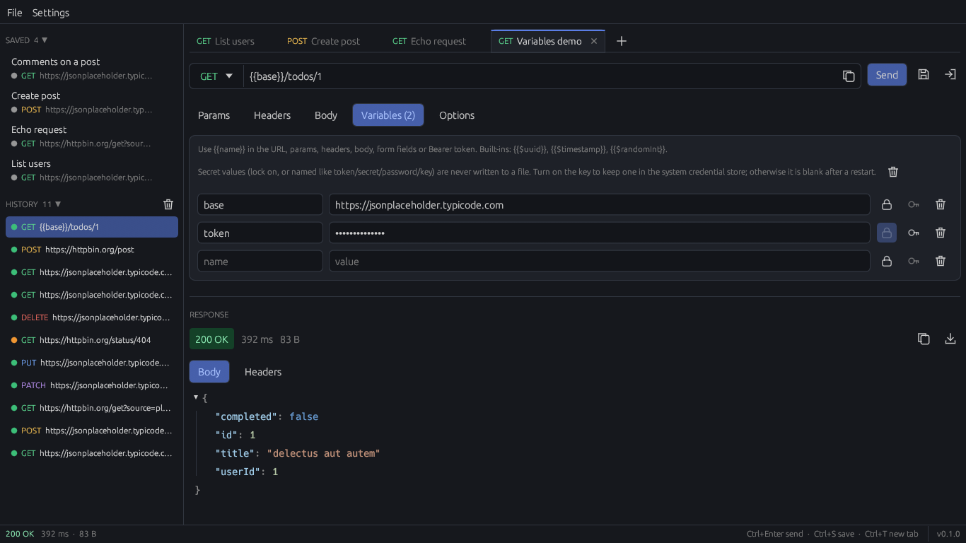 The Variables tab with a base URL and a masked secret token, used as {{base}} in the URL
